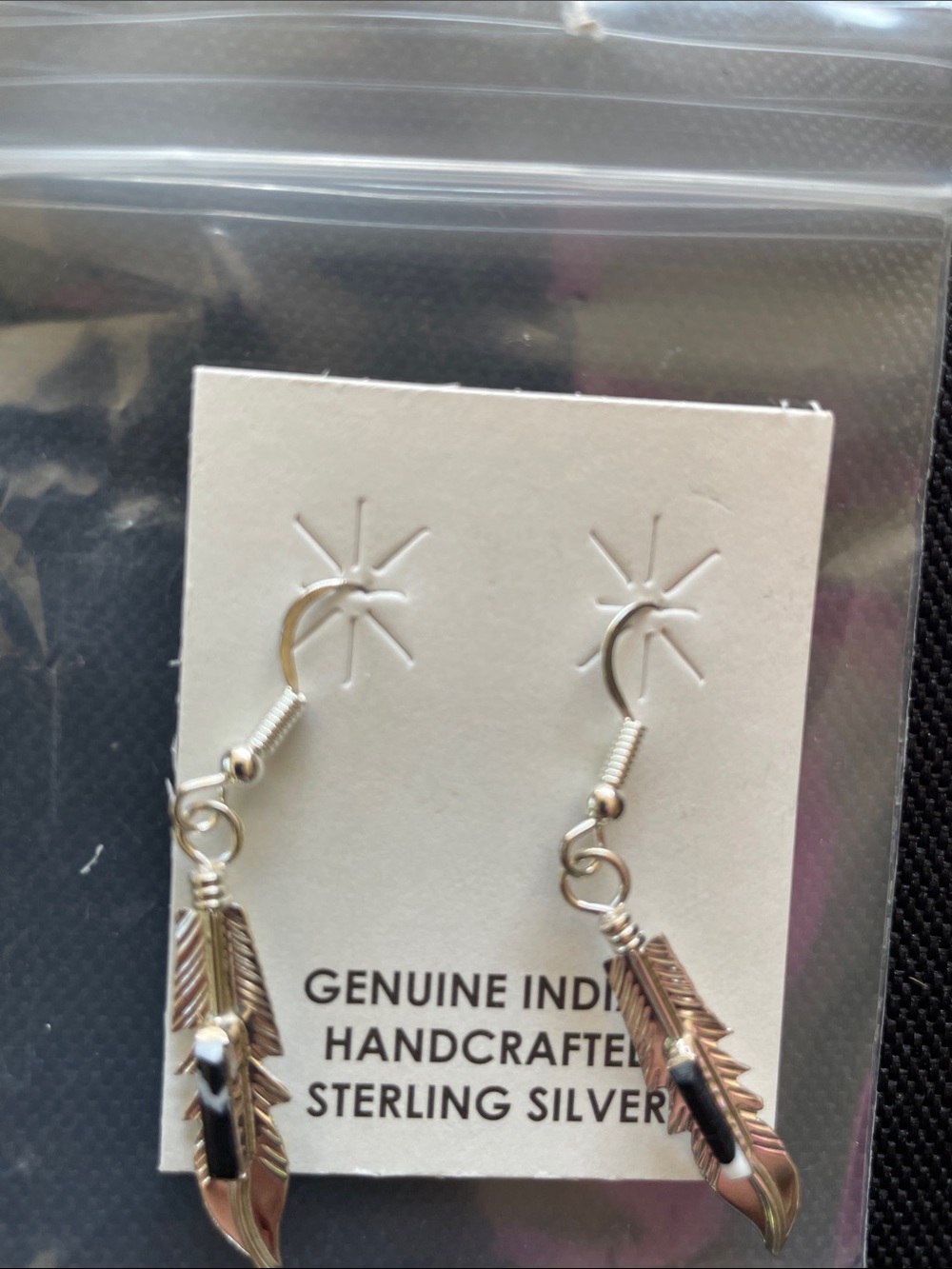 Sterling Silver Feather Drop Earrings with Black Accent